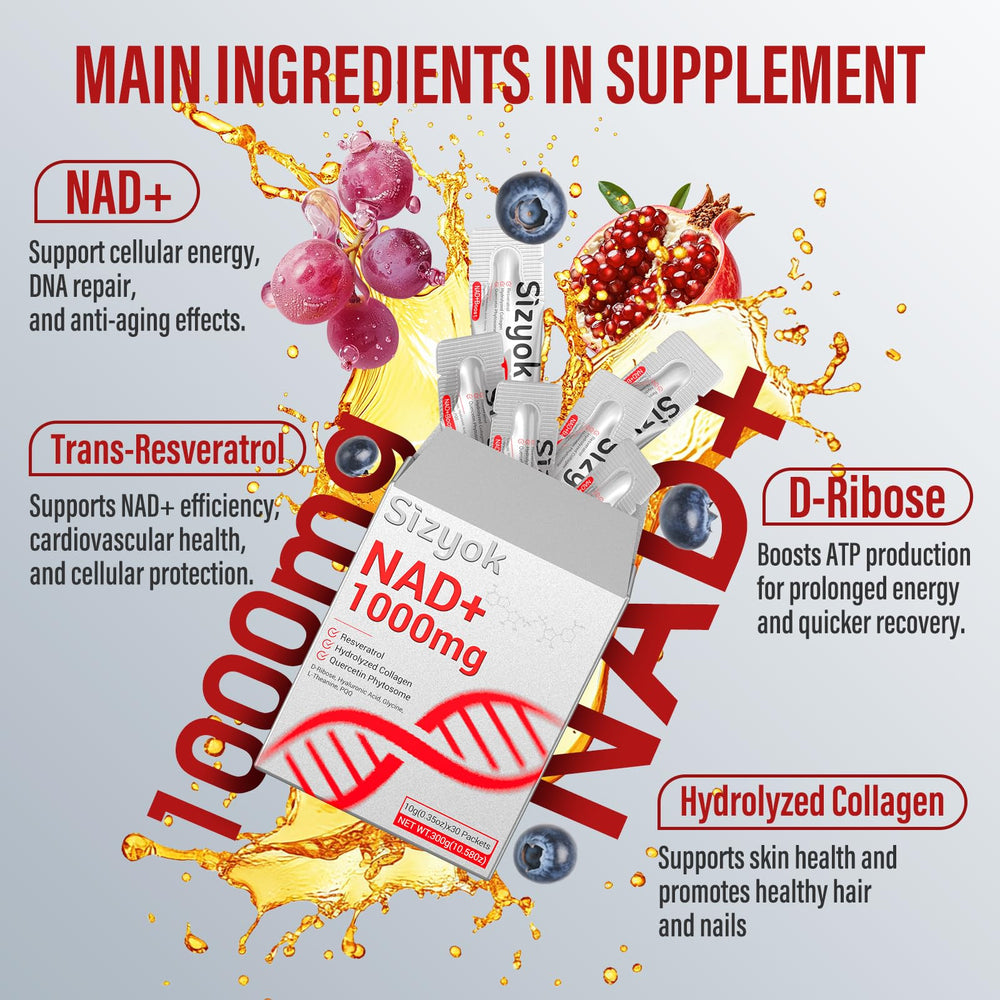 PQQ, quercetin, and D-ribose in NAD+ liquid for energy