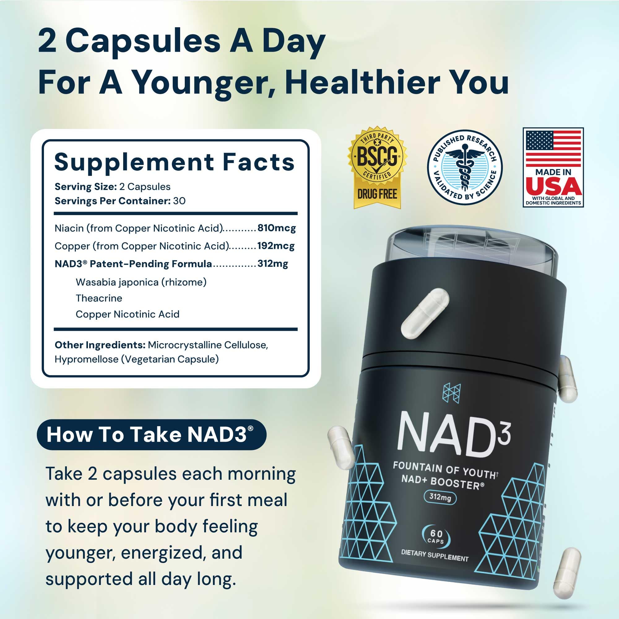 HPN NAD3 bottle back view showing supplement facts