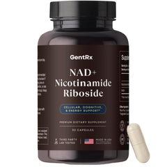 Front view of NAD+ & NR supplement bottle