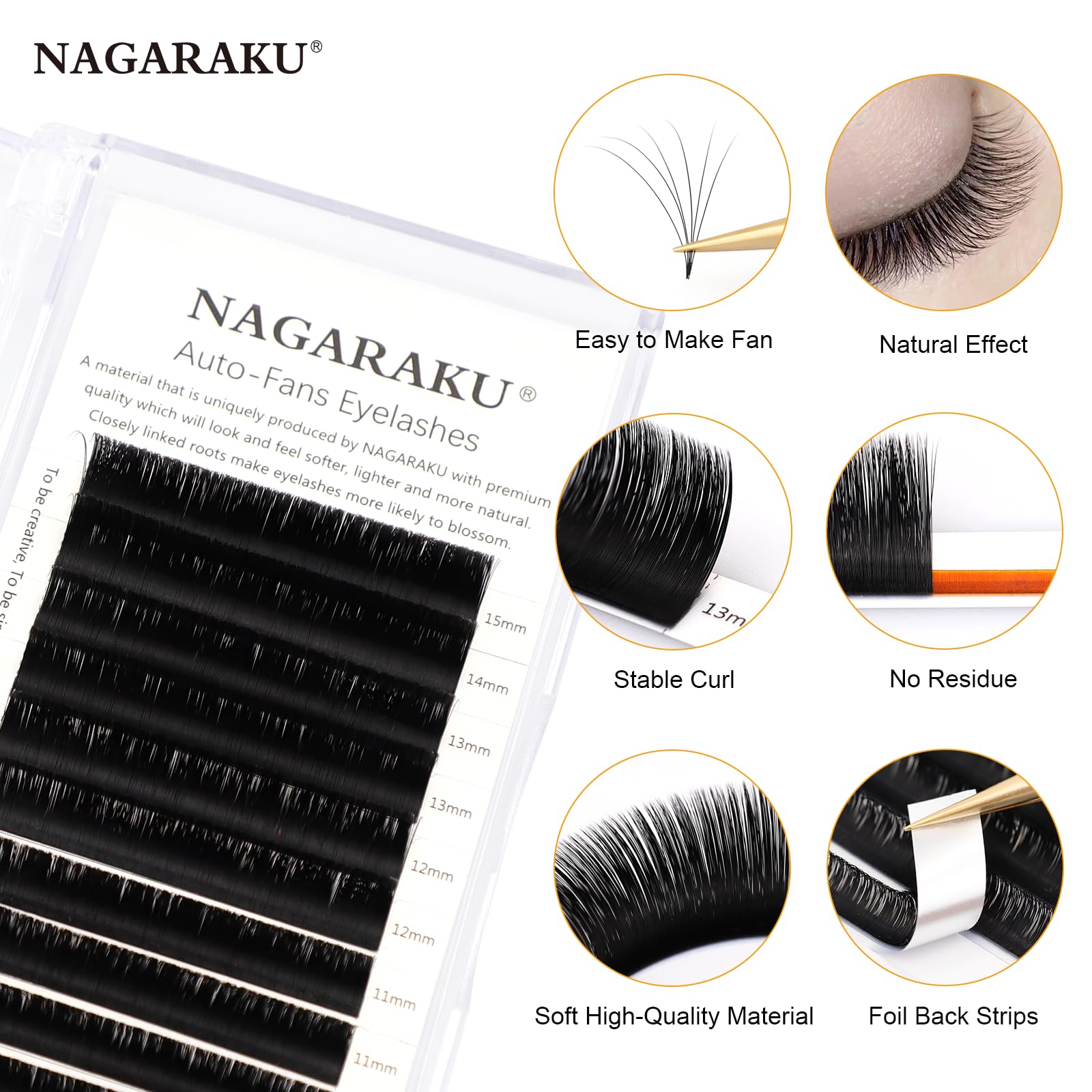 Nagaraku 3D-10D cluster close-up shows instant fan formation for faster lash setup.