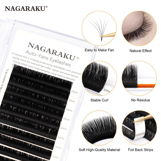 Nagaraku 3D-10D cluster close-up shows instant fan formation for faster lash setup.