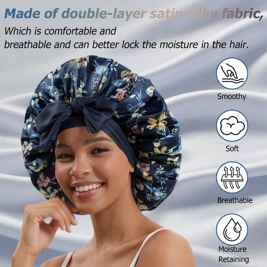 NAHOSY satin silk bonnet navy back view highlights reversible design for styling options.