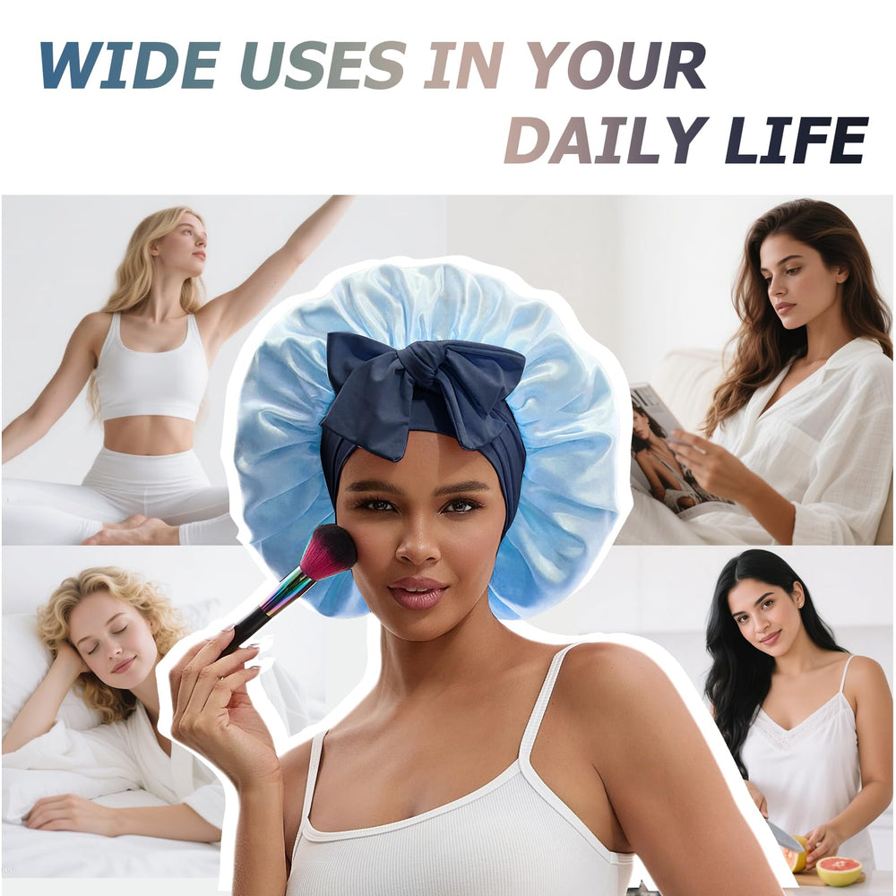 NAHOSY navy satin bonnet folded compactly for storage and gifting.