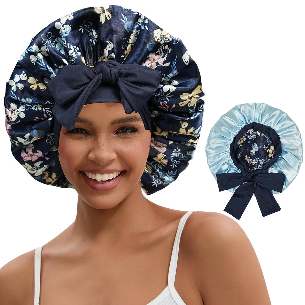 NAHOSY satin silk bonnet navy front view shows dual-layer protection for hair.