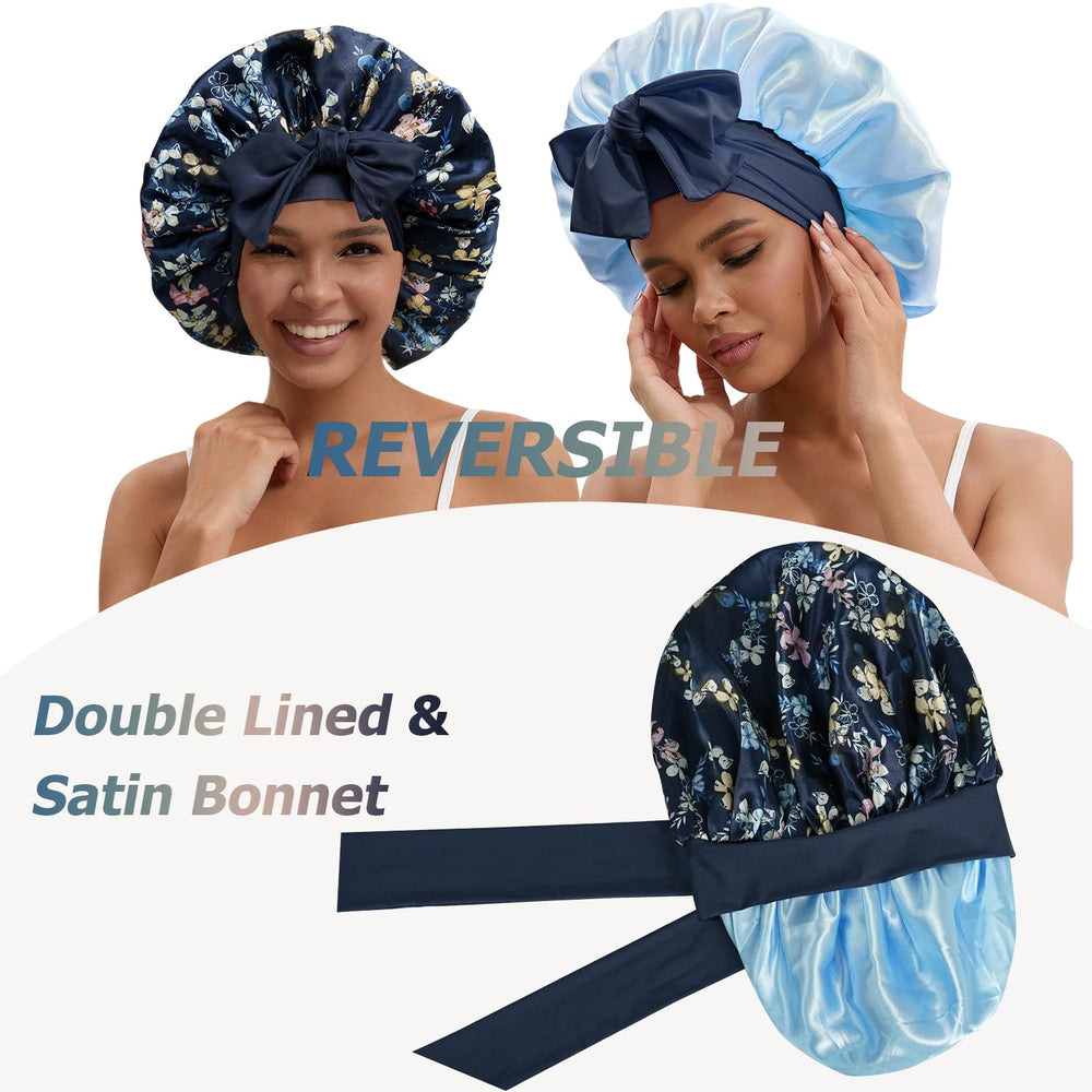 NAHOSY satin silk bonnet navy side wear demonstrates secure sleep coverage for various hairstyles.
