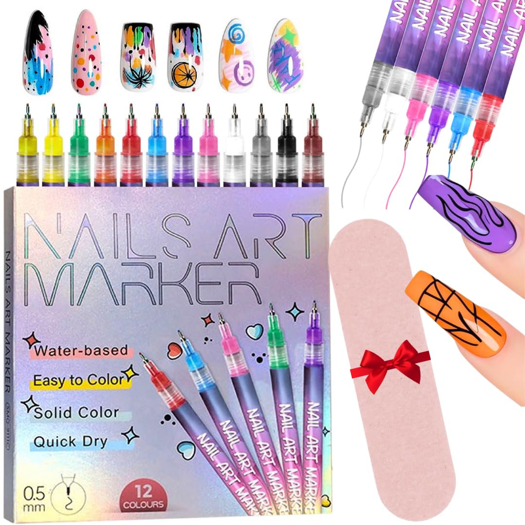 Nail Art Pen Set 12 colors case closeup shows versatile manicure possibilities.
