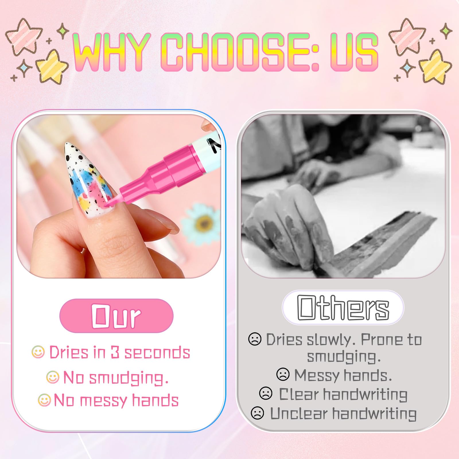 Nail art pens quick-drying ink ensures smooth, long-lasting designs.