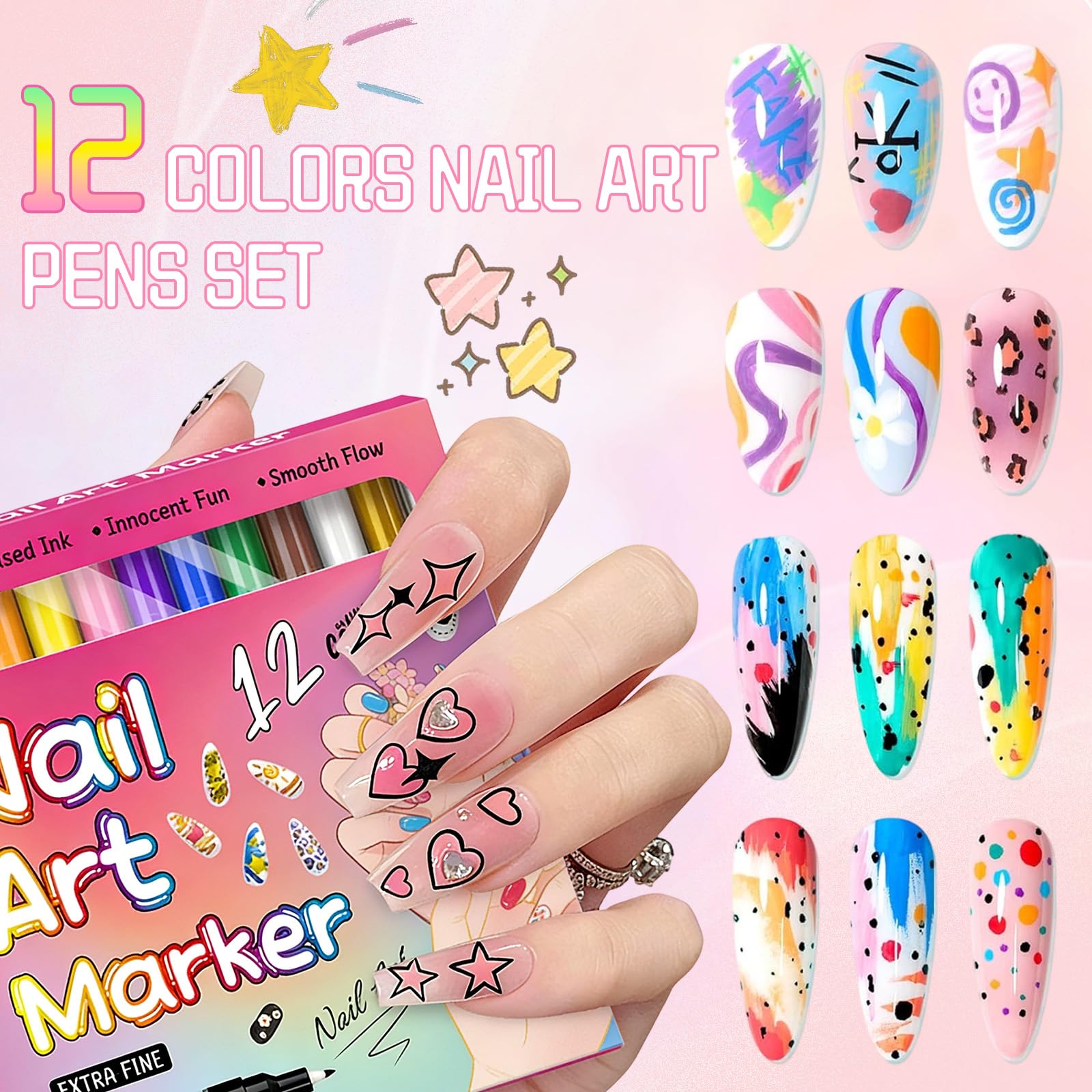 Nail art pens set open, revealing vibrant colors for creative detailing on nails.