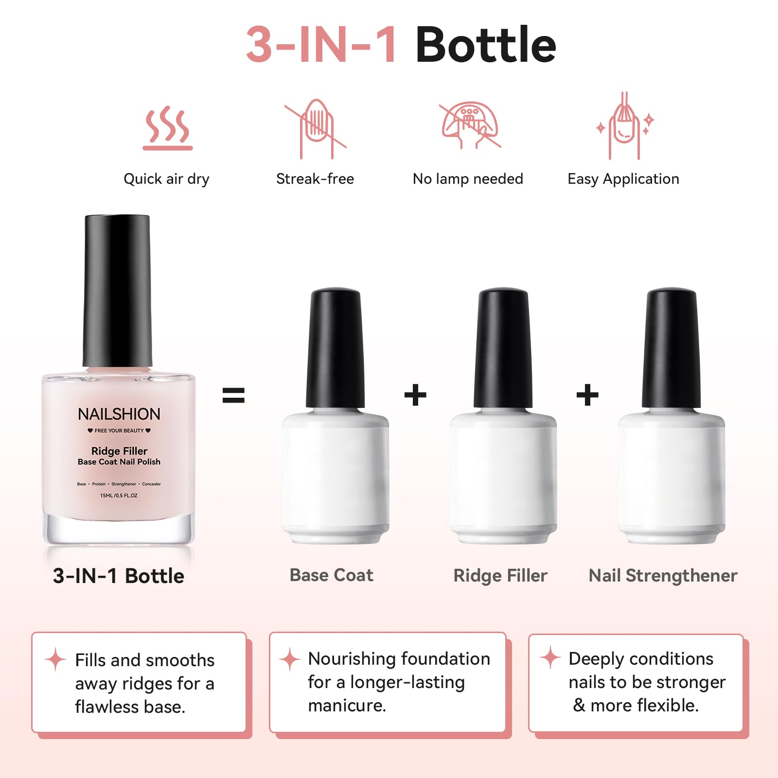 Nailshion 3-in-1 Base Coat strengthens nails while filling uneven surfaces