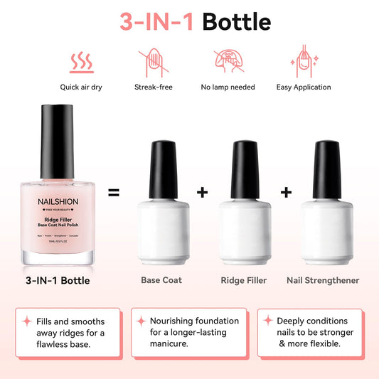 Nailshion 3-in-1 Base Coat strengthens nails while filling uneven surfaces