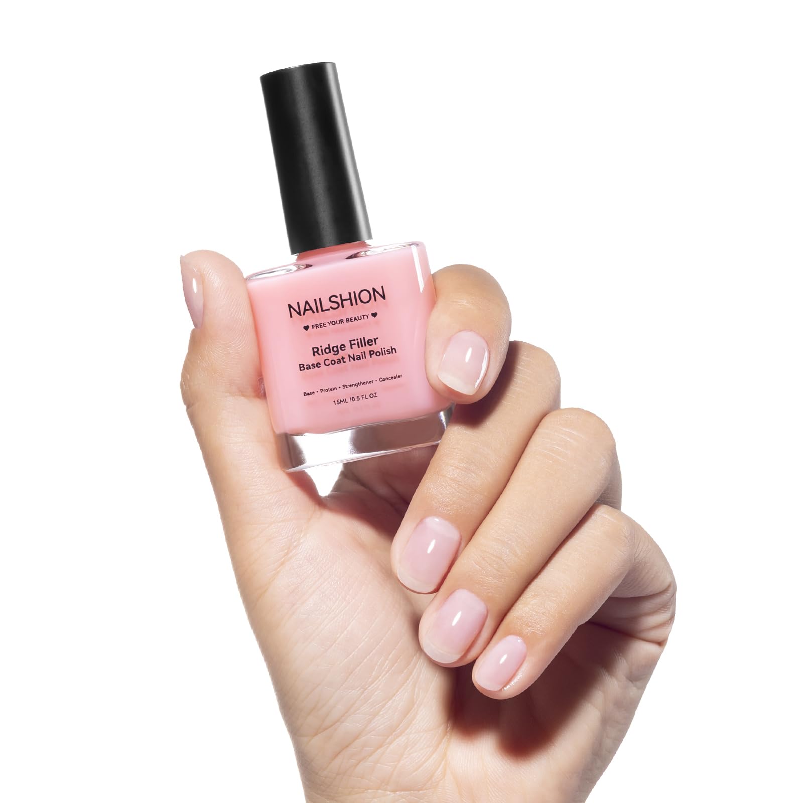 Nailshion Nail Ridge Filler Bottle shown for a smooth, even base.