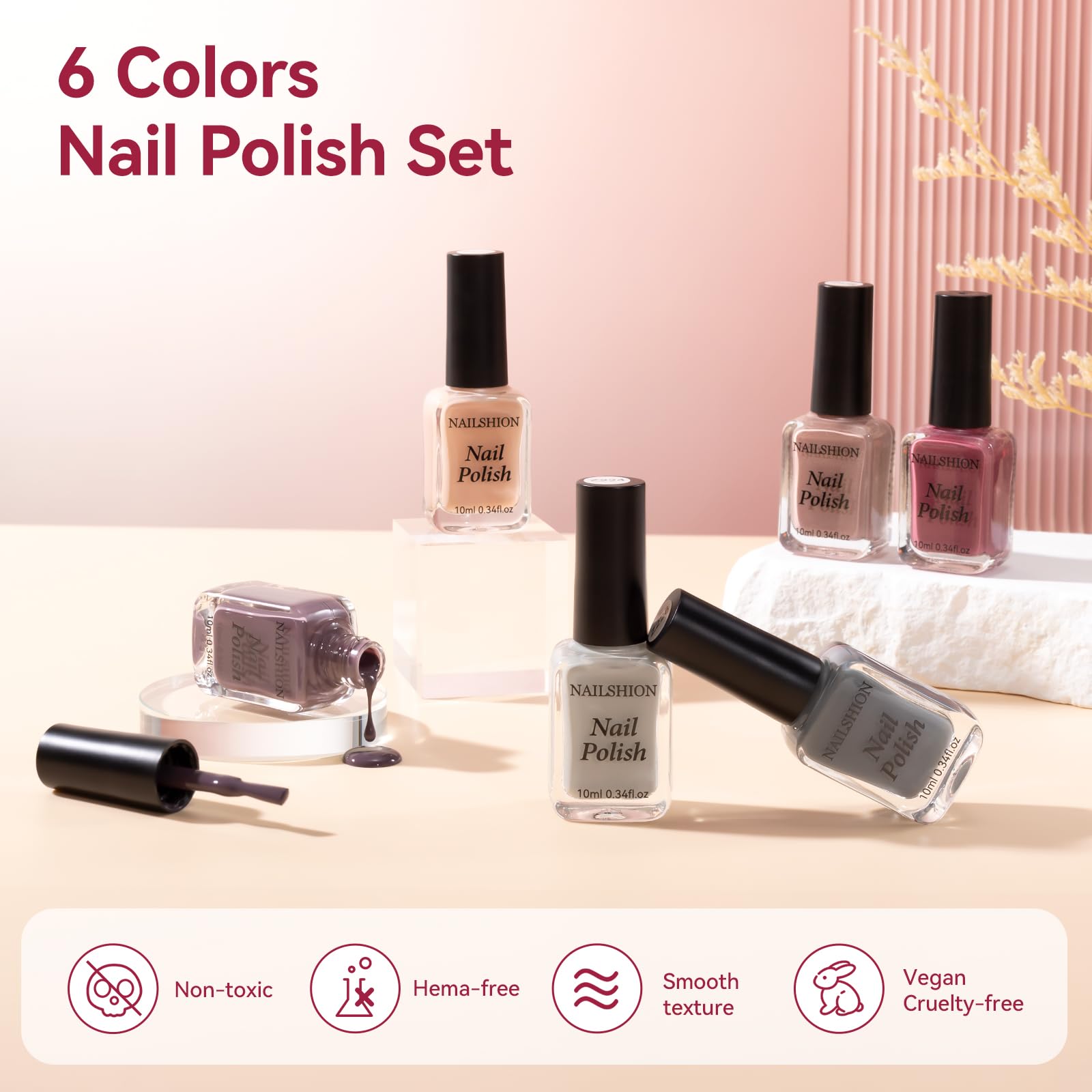 Nailshion Nude Grays red polish adds a bold accent to nails.