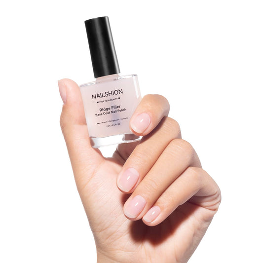 Nailshion Ridge Filler Base Coat bottle showing milky finish for a smooth canvas