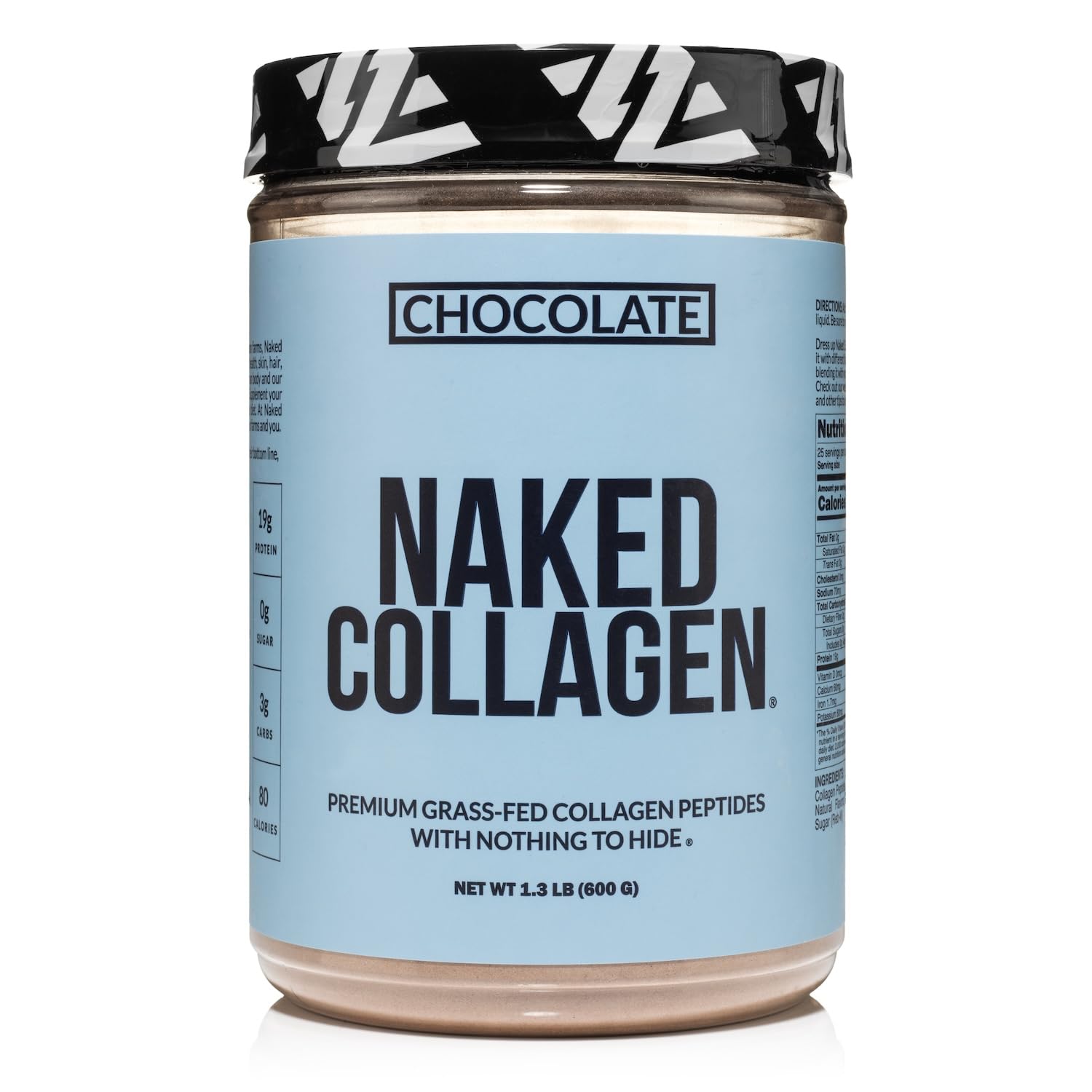 NAKED Chocolate Collagen Peptides powder bottle showing pasture-raised purity.