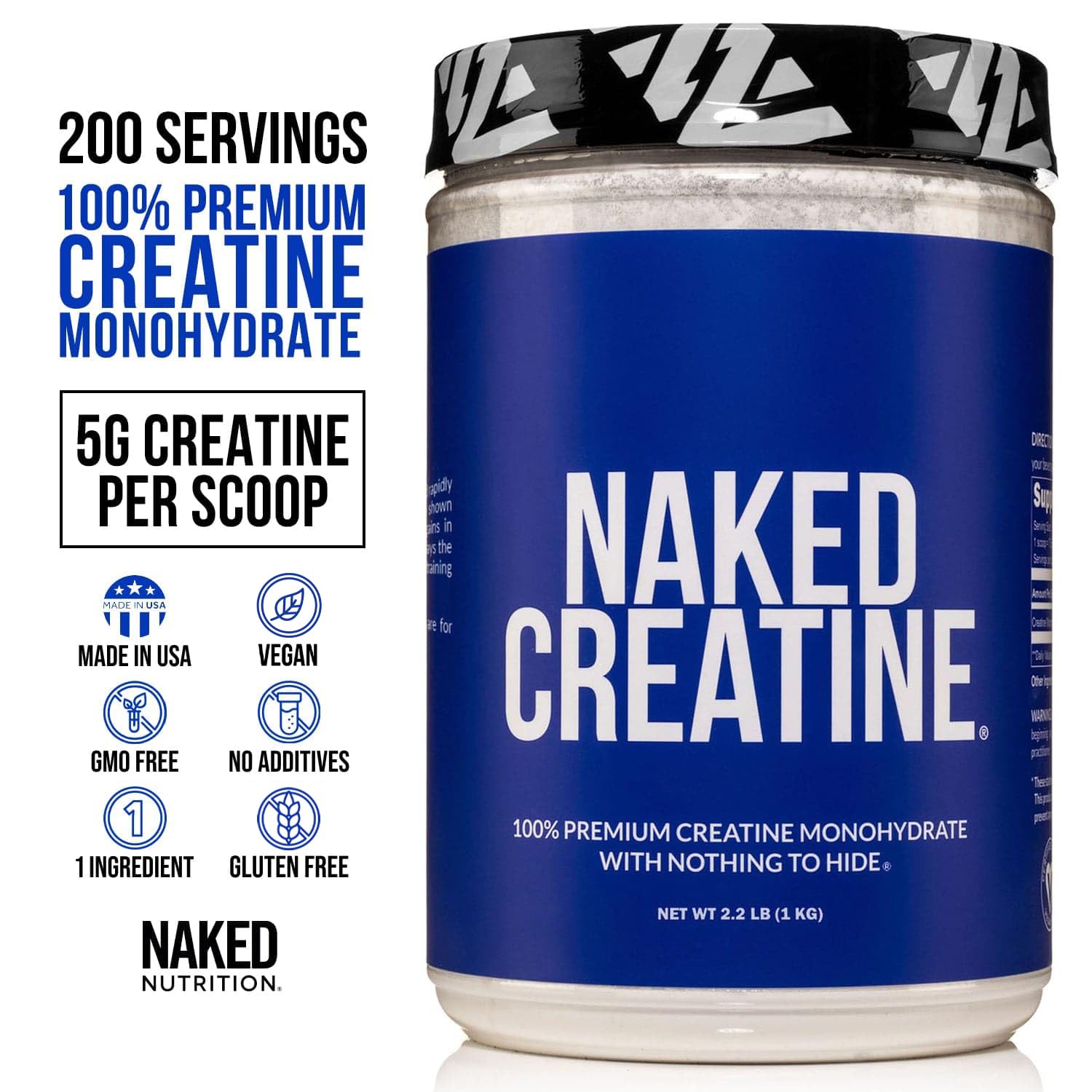Back label of Naked Creatine Monohydrate 1000g bulk container with nutrition facts