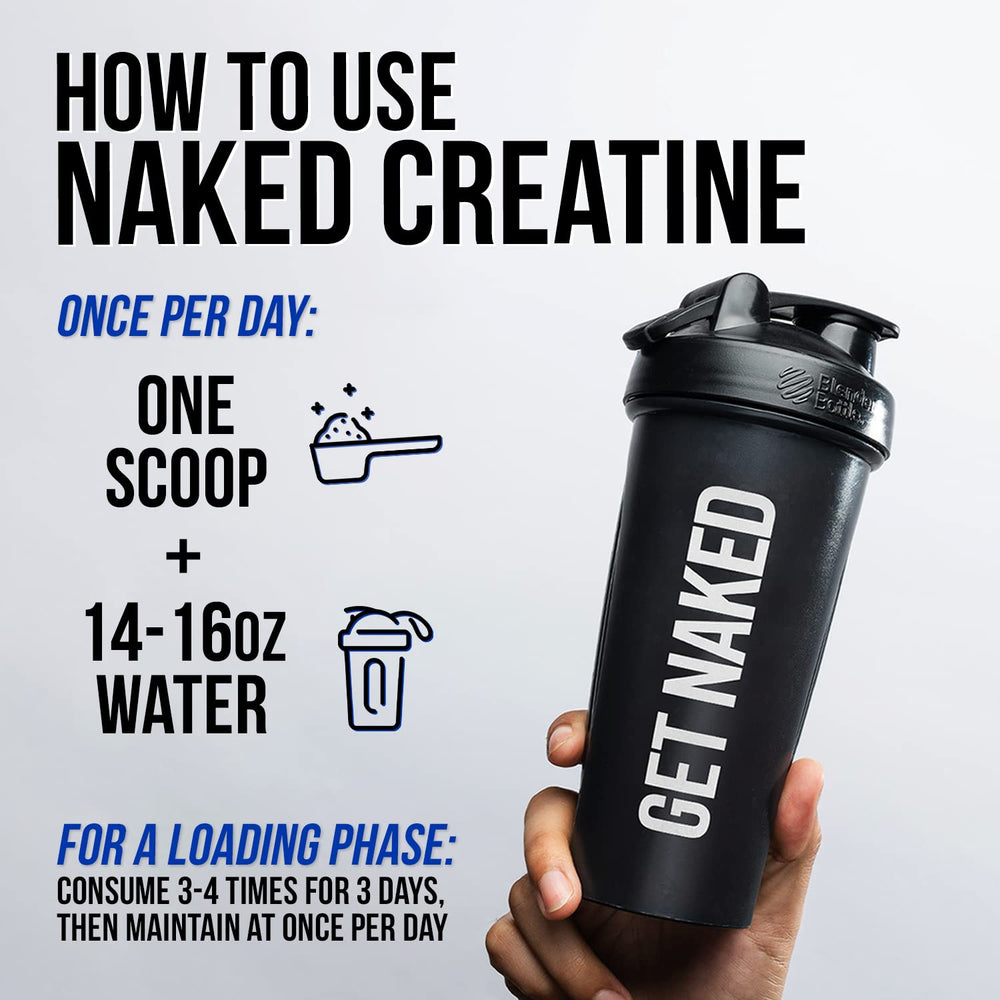 Naked Creatine Monohydrate jar showing vegan and non-GMO certifications