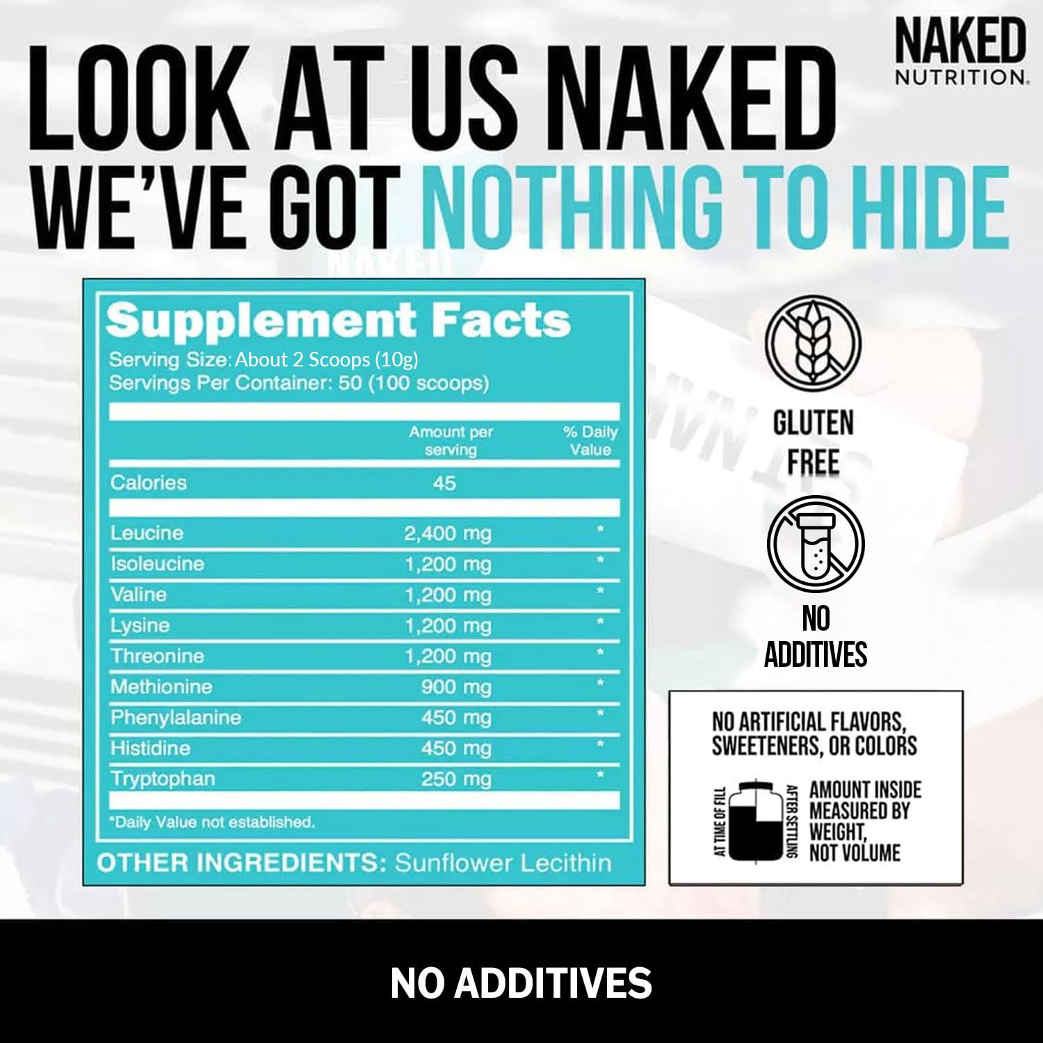 Naked EAAs vegan, GMO-free, soy-free, gluten-free attributes