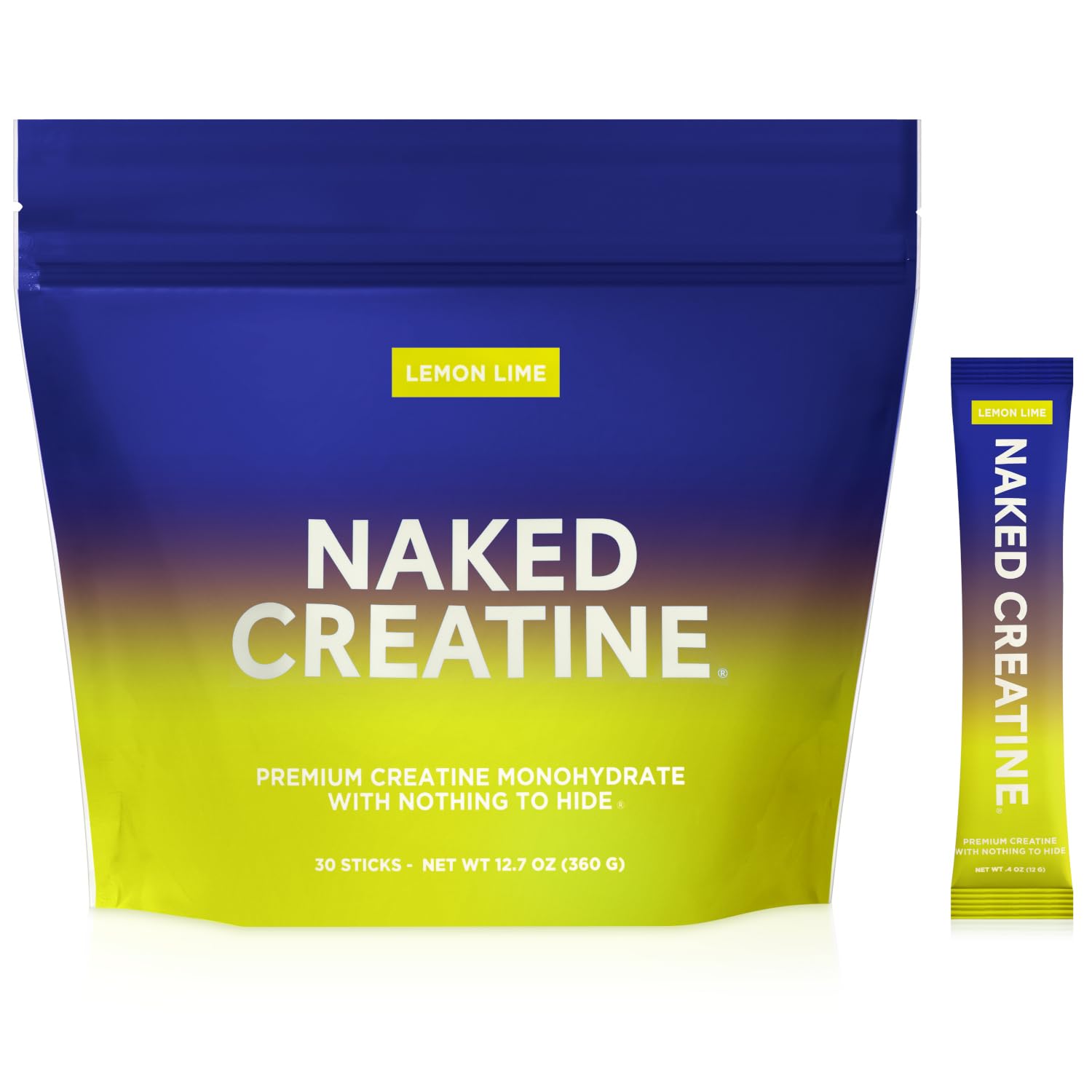 Front view of NAKED Lemon Lime Creatine Monohydrate Stick Packs