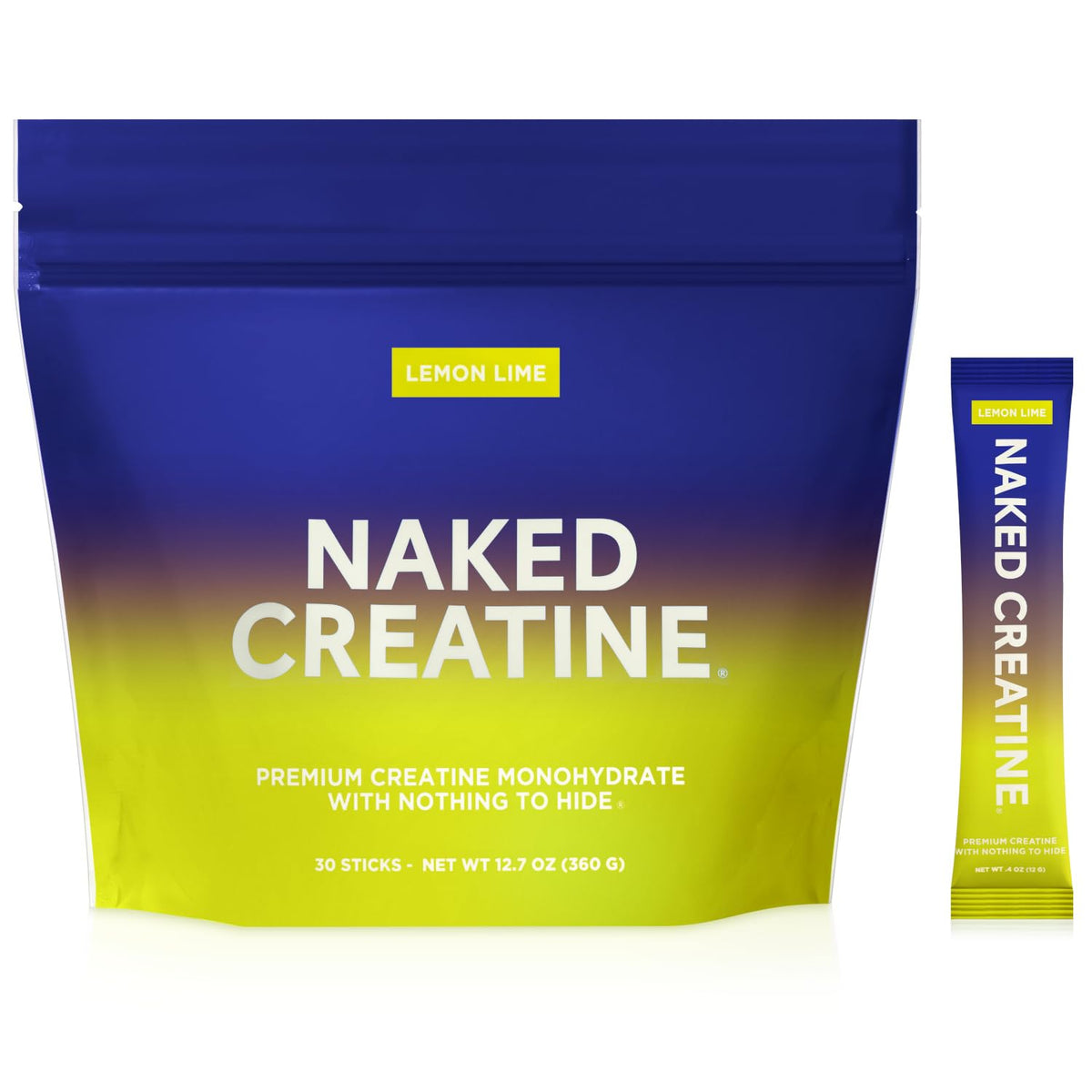 Front view of NAKED Lemon Lime Creatine Monohydrate Stick Packs