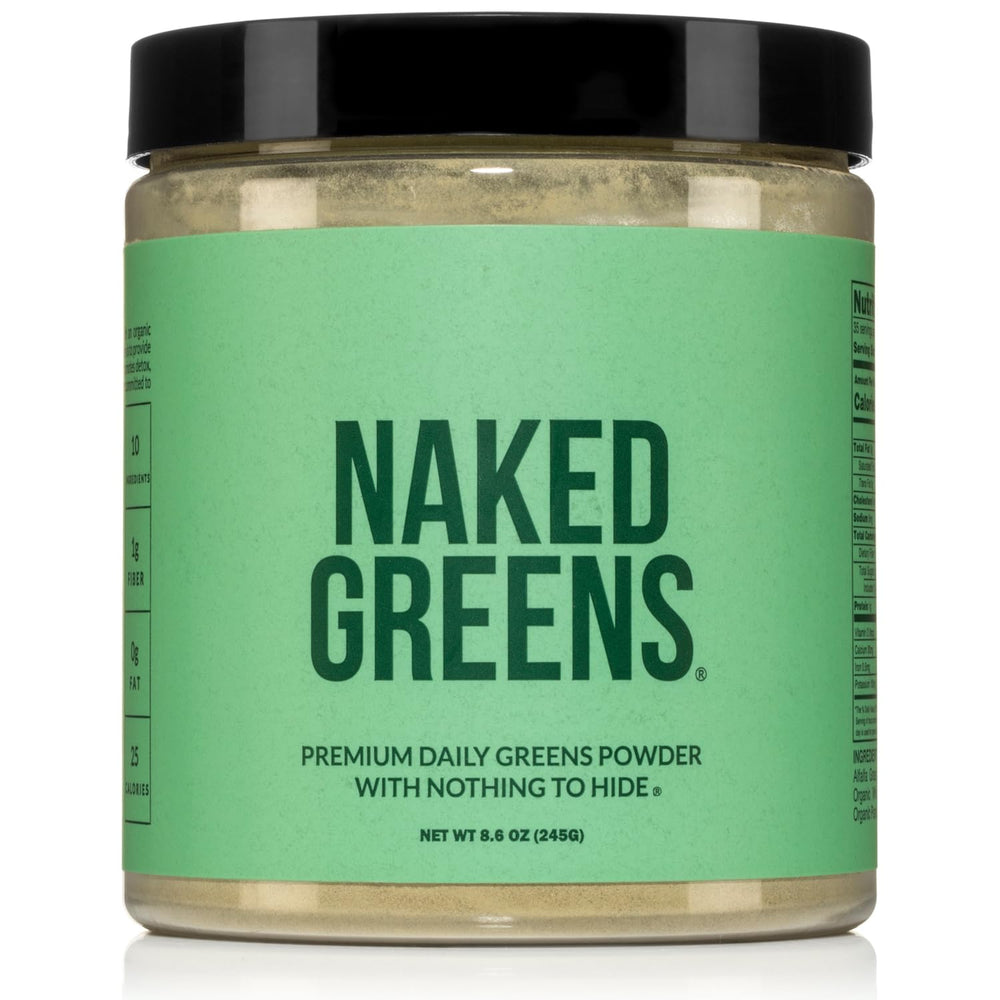 Naked Super Greens powder container with scoop