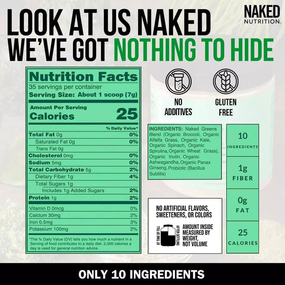 Naked Super Greens nutrition label and certifications