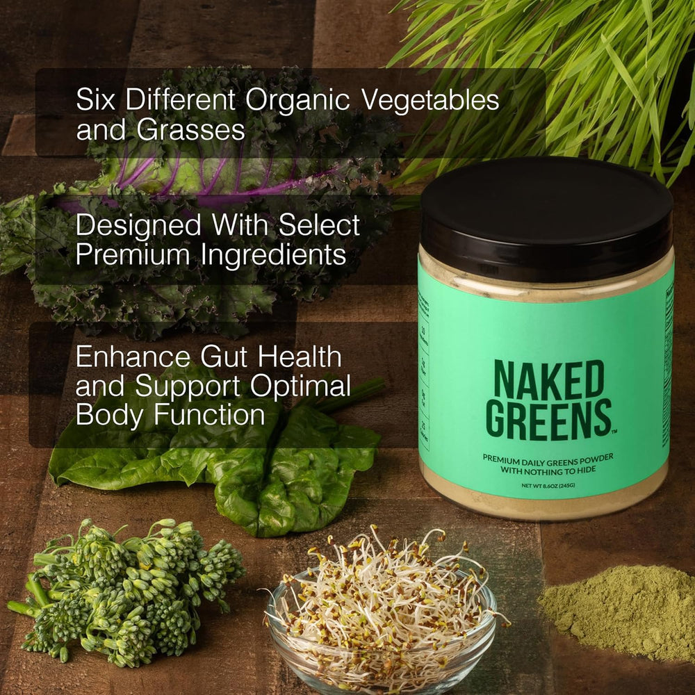 Flat lay of natural greens ingredients and powder