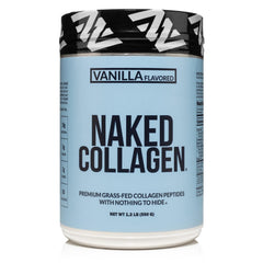 NAKED Vanilla Collagen Peptides bottle on kitchen shelf, convenient daily protein boost for active mornings.