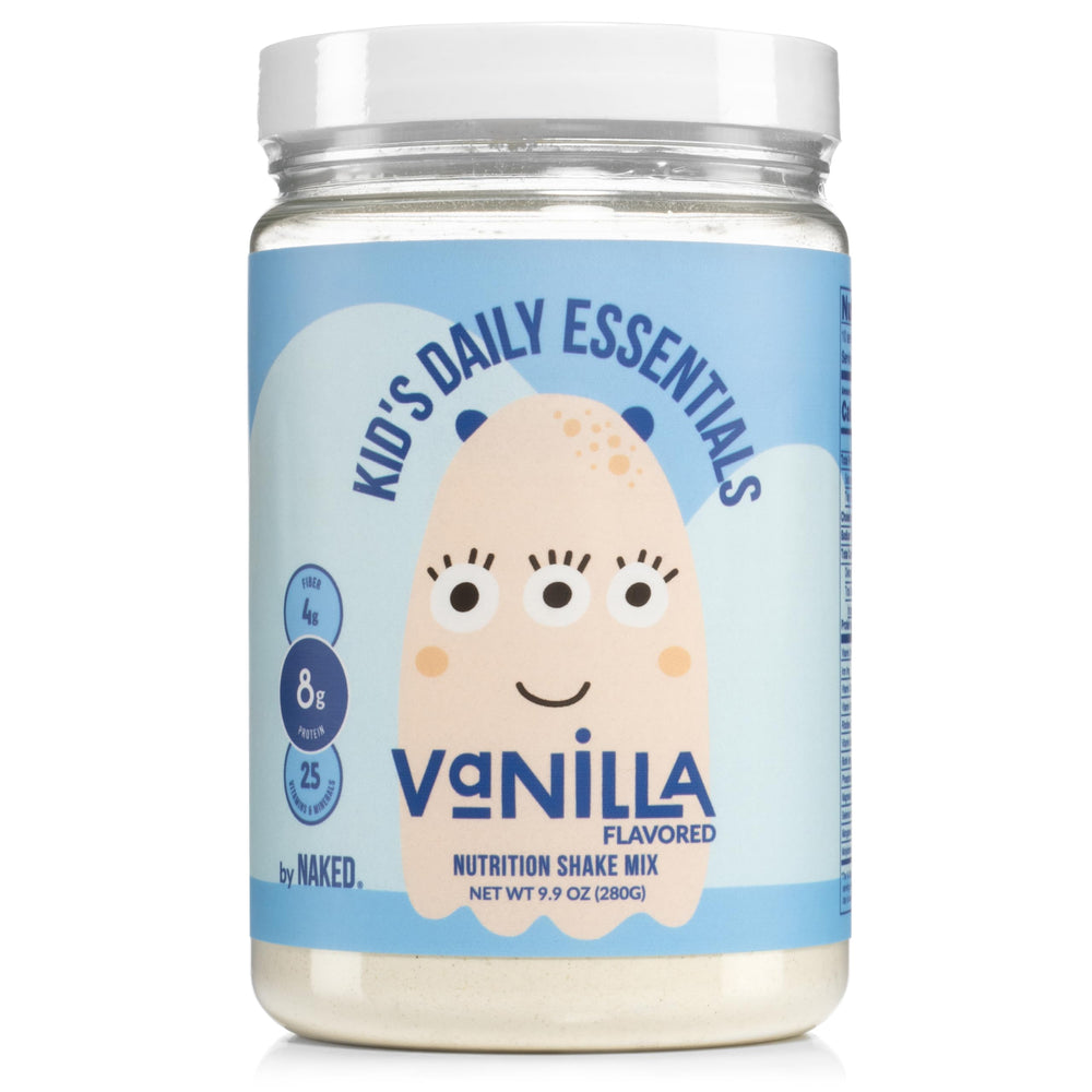 Front view of Naked Vanilla Kids Daily Essentials vanilla protein shake bottle