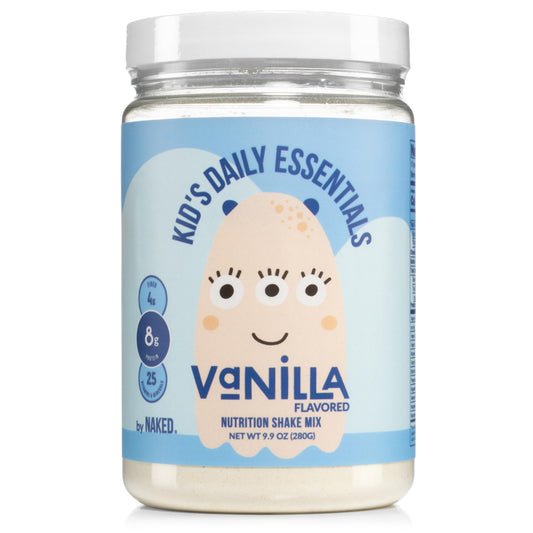 Front view of Naked Vanilla Kids Daily Essentials vanilla protein shake bottle