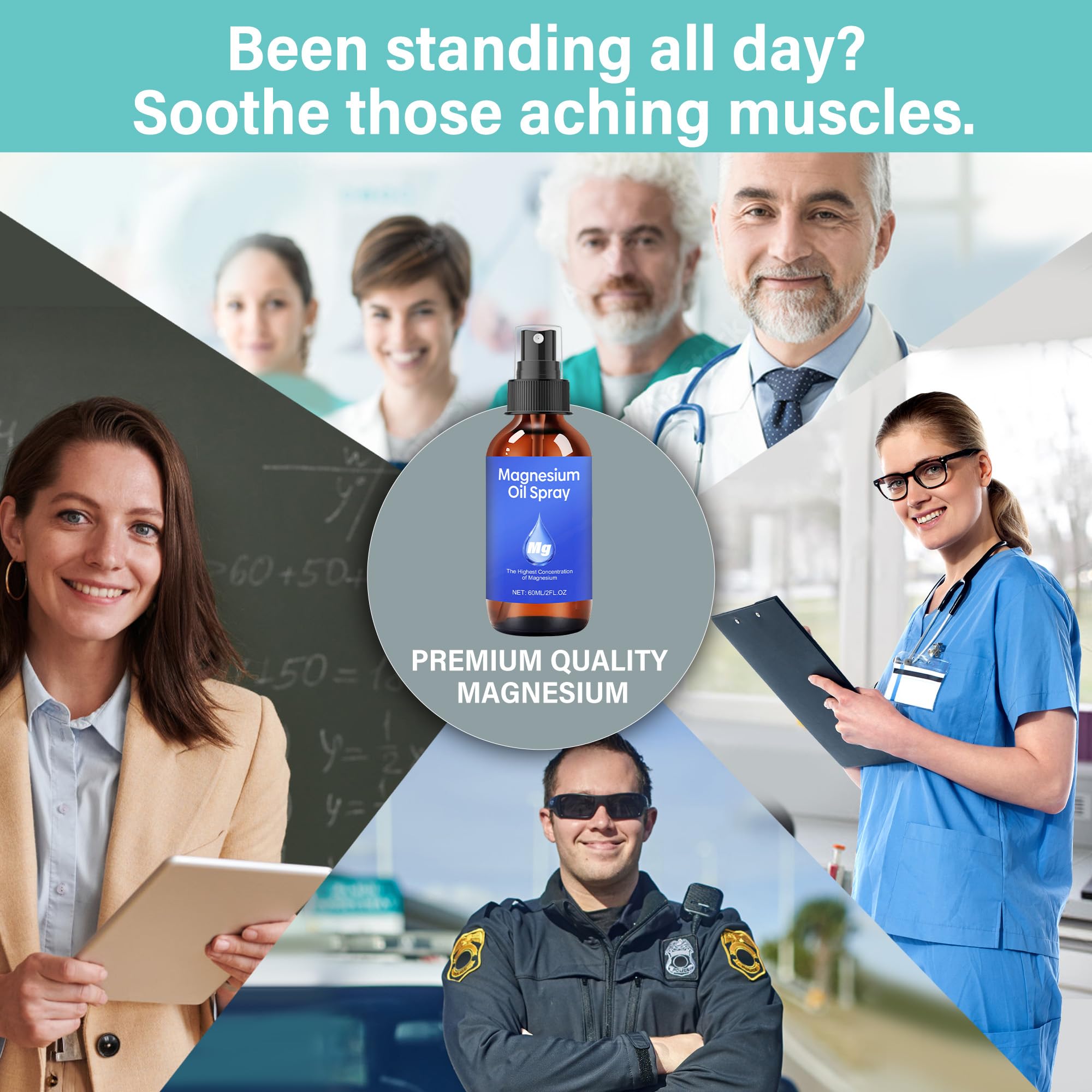 Applying magnesium spray to leg for muscle relief