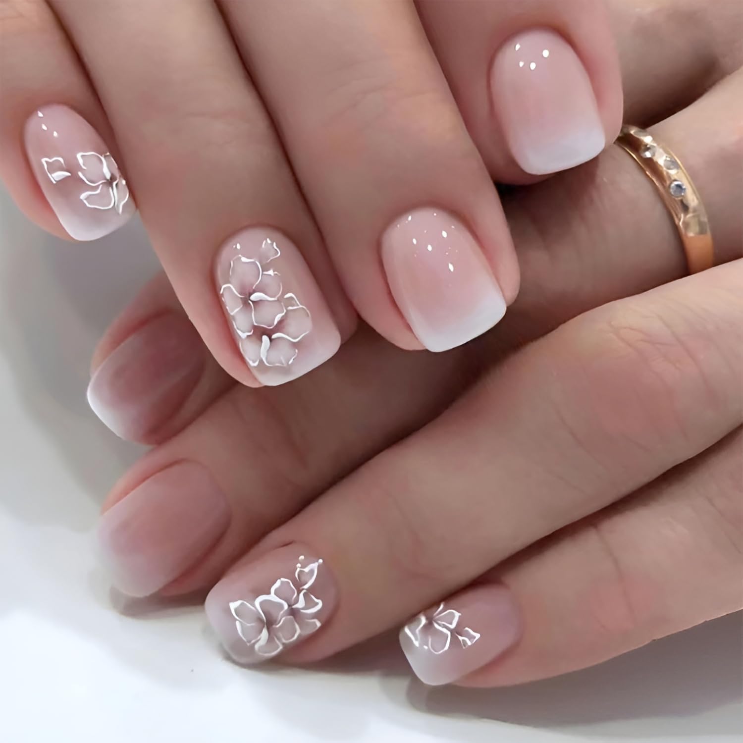 Close-up of Namrec flowers on nails with flexible ABS base for comfort
