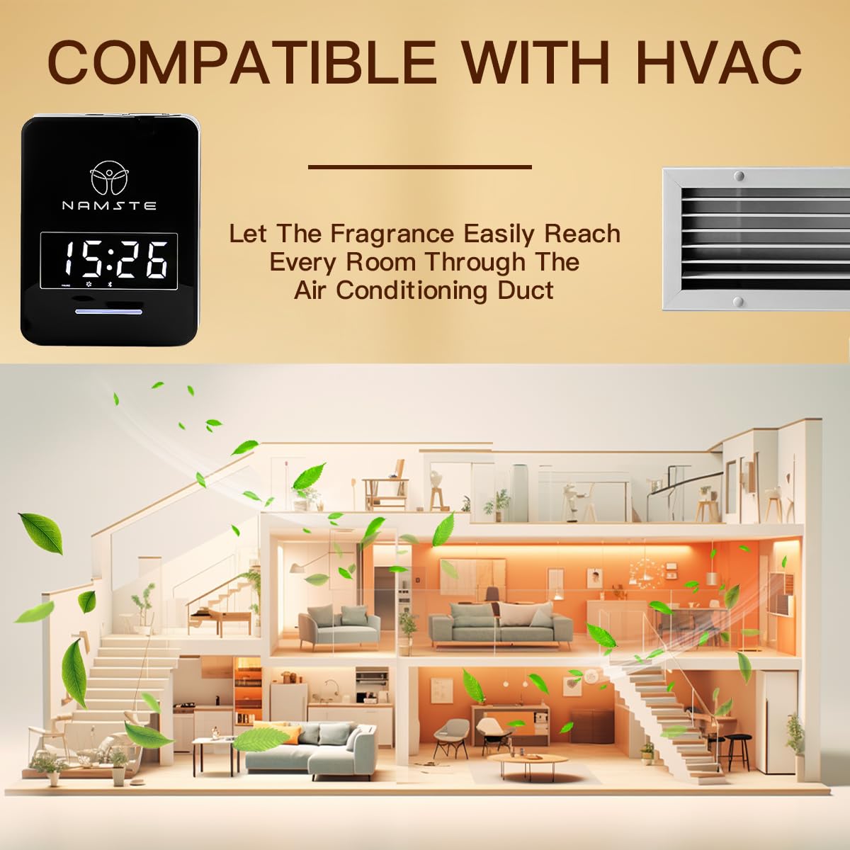 Namste diffuser coverage-3000sqft illustrates wide-area aroma across big spaces.