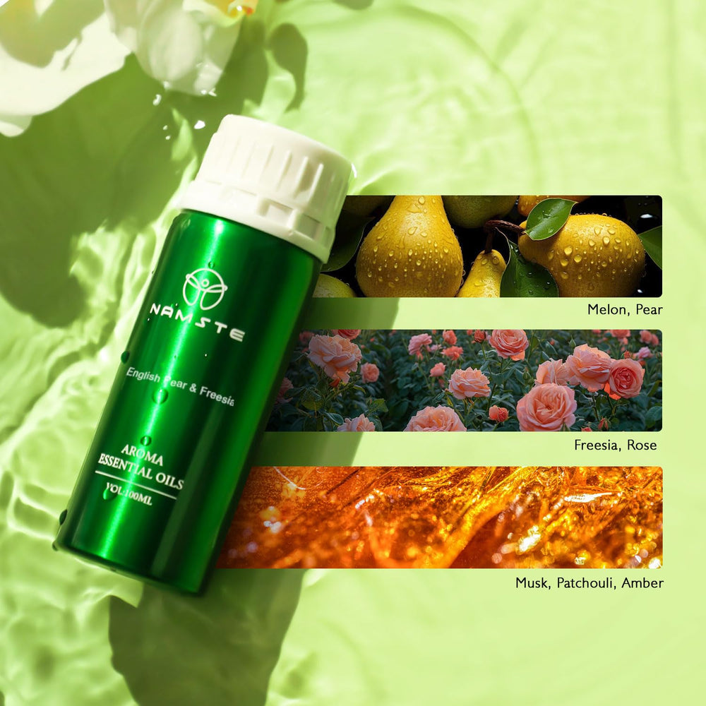 Namste English Pear & Freesia diffuser dispense releasing bright aroma for a room.