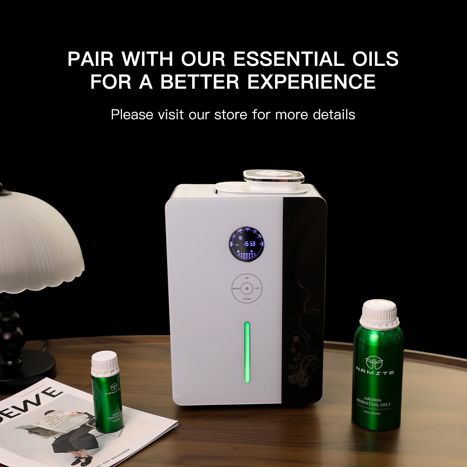 Namste essential oil diffuser floor stand and wall-mount ready for versatile installation.