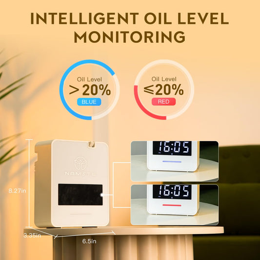 Namste Waterless Diffuser clock display highlights scheduling for consistent aroma routines.