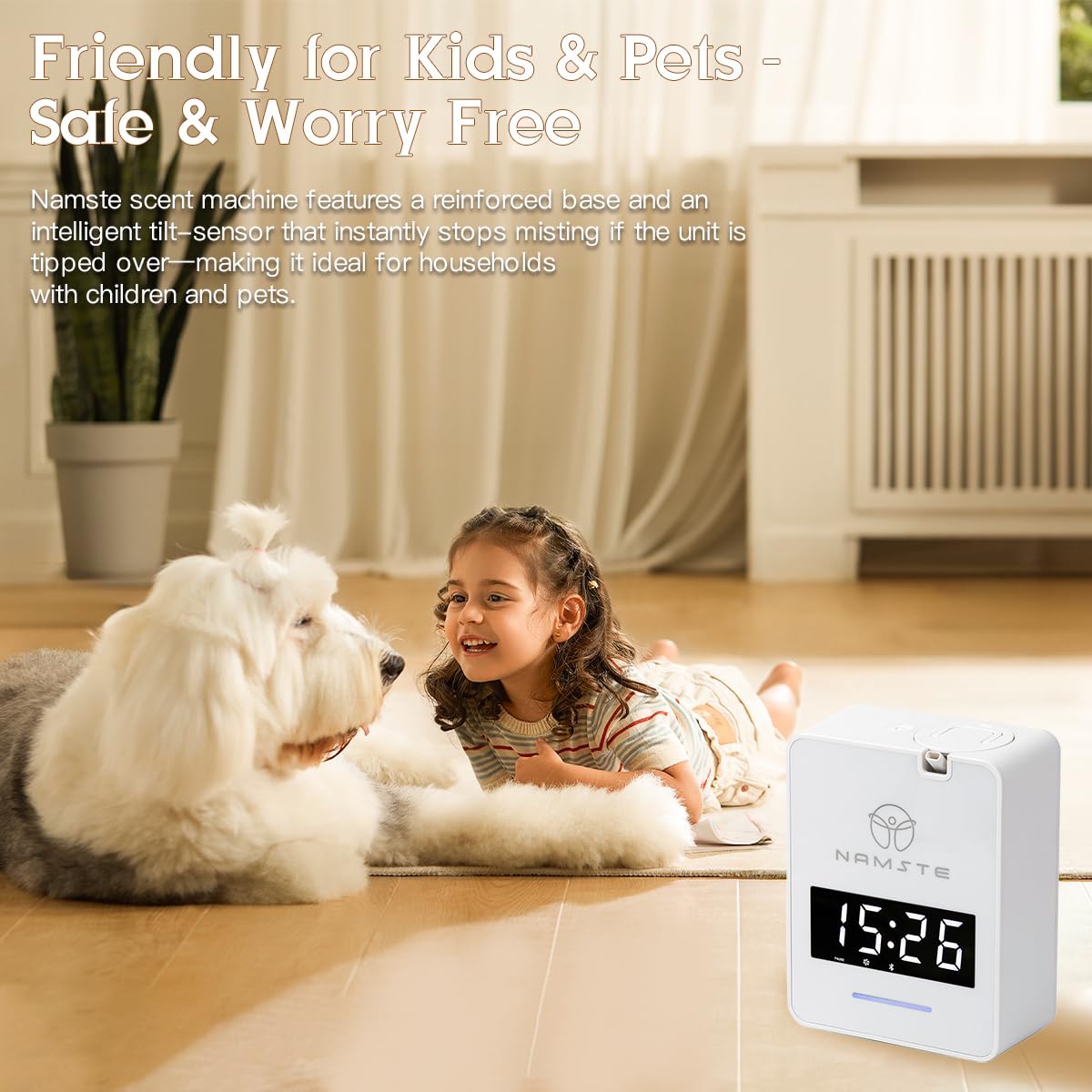 Namste Waterless Diffuser tilt-sensor safety helps prevent spills and accidents.