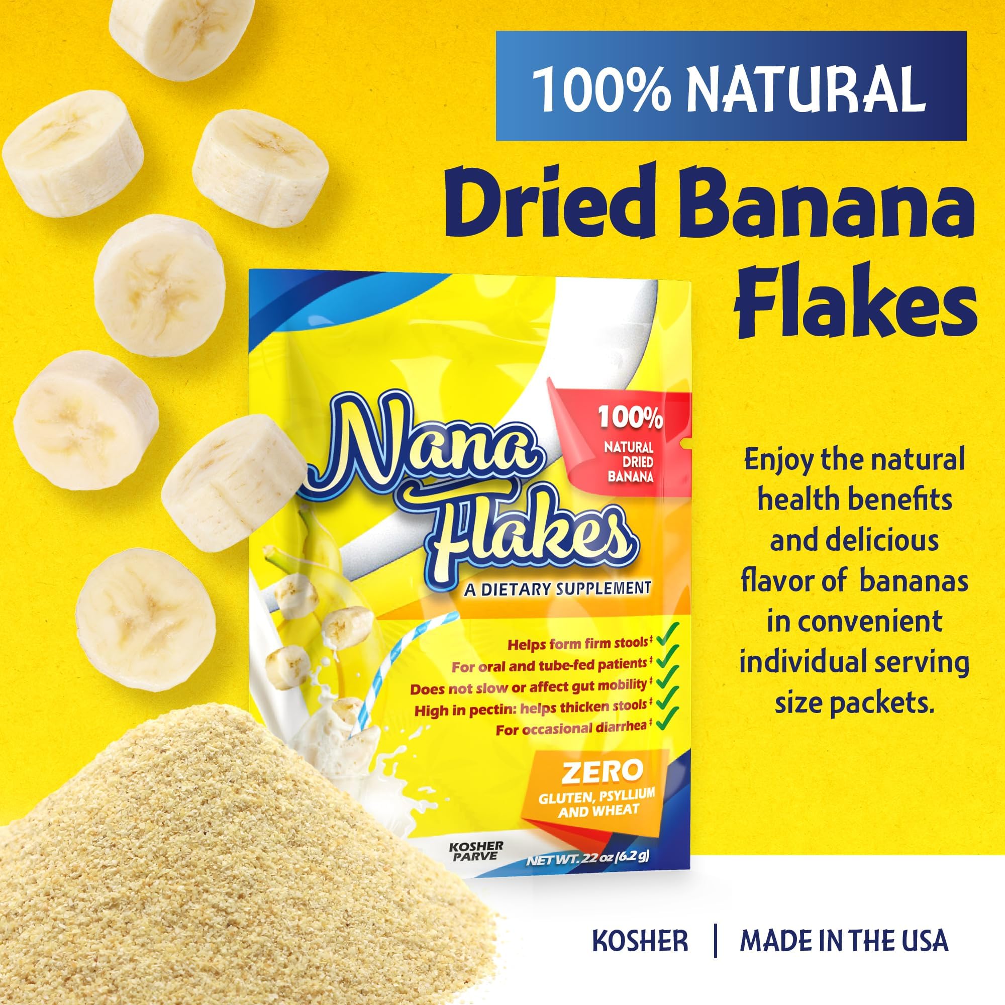 Close-up of 100% pure banana flakes powder