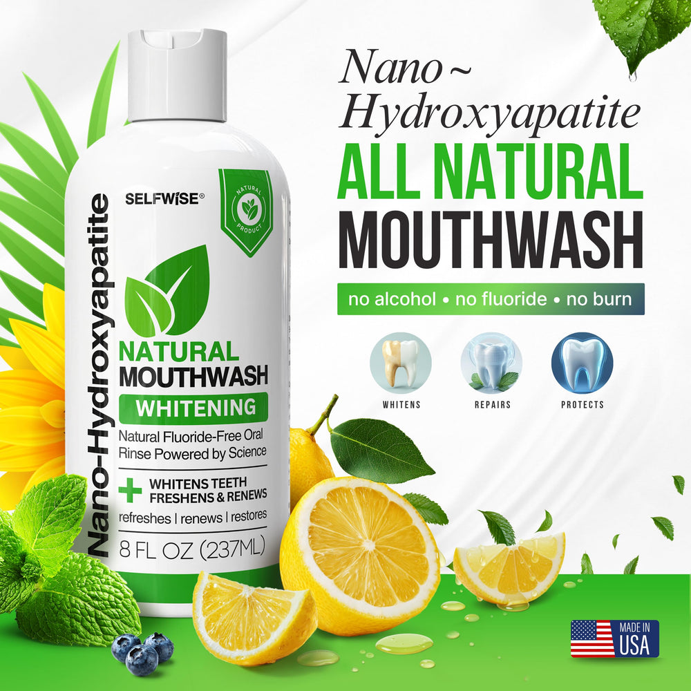 Mouthwash bottle label showing fluoride-free and alcohol-free formulation
