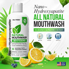 Mouthwash bottle label showing fluoride-free and alcohol-free formulation