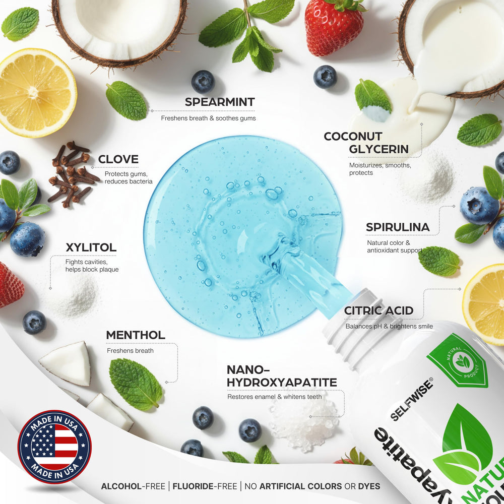 Graphic highlighting nano-hydroxyapatite and xylitol ingredients