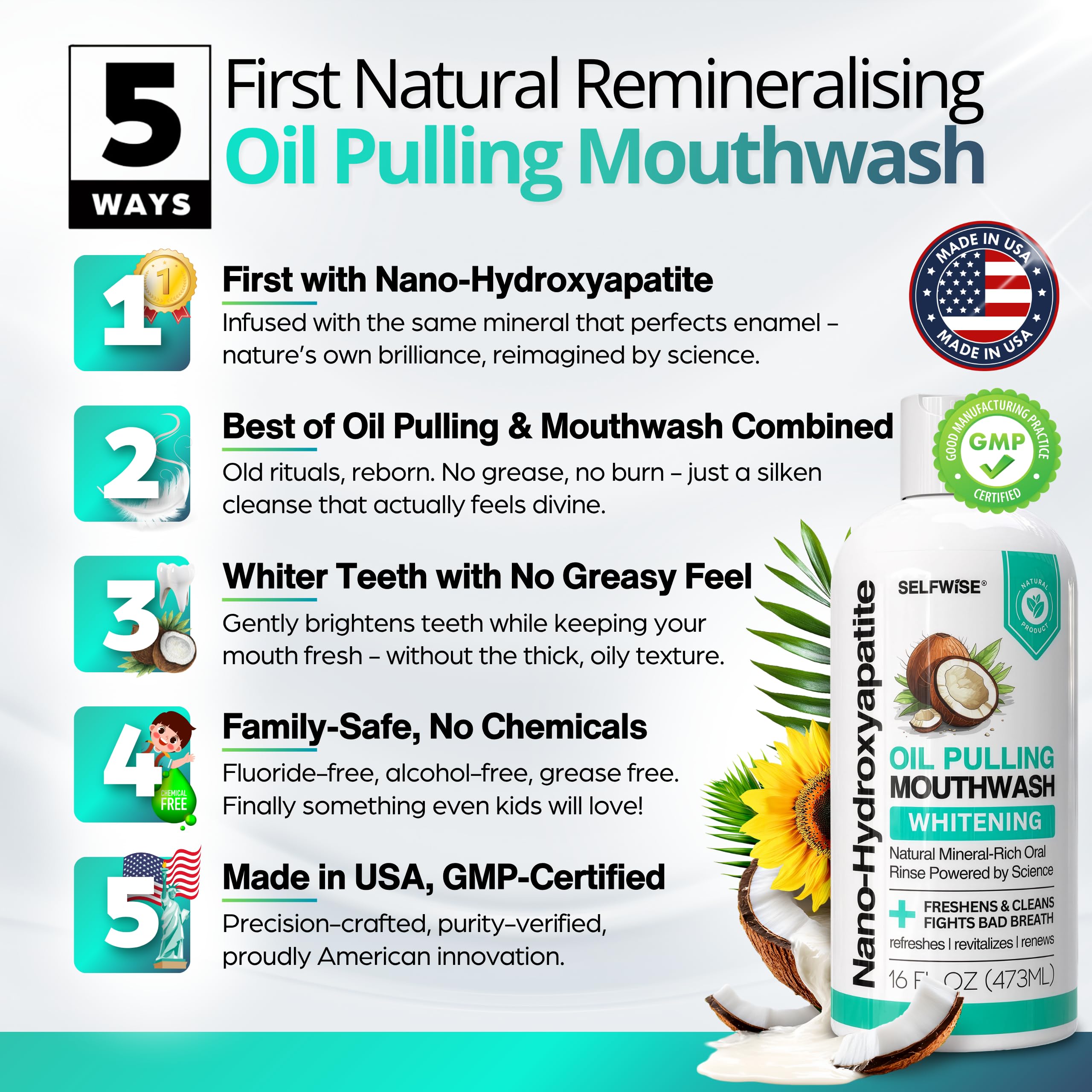 Smooth non-greasy mouthwash texture being swished