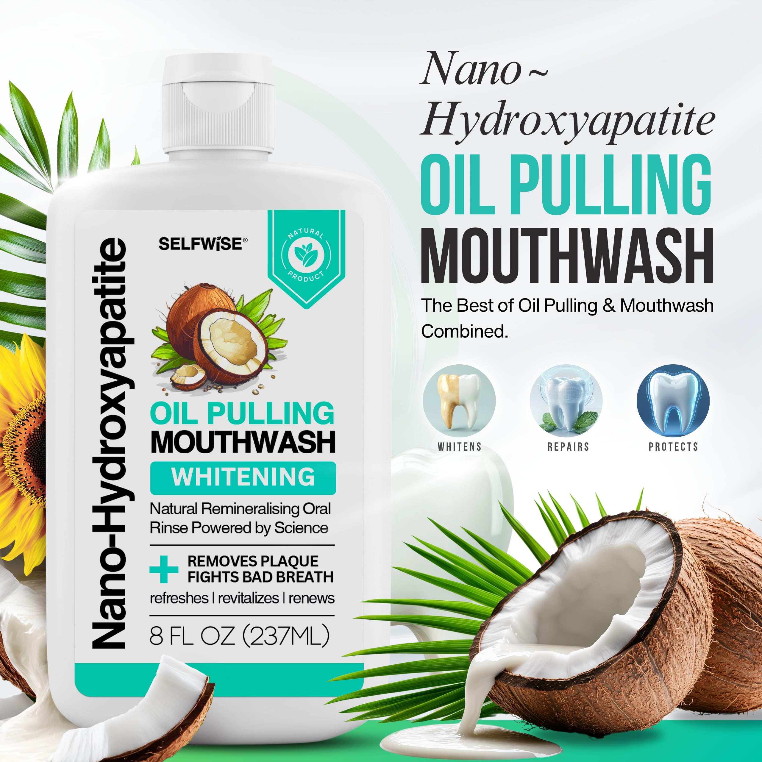 Side view of 8oz Nano-Hydroxyapatite Oil Pulling Mouthwash bottle