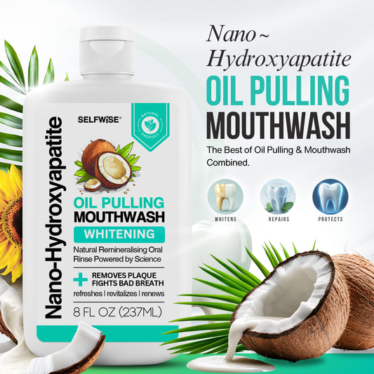 Side view of 8oz Nano-Hydroxyapatite Oil Pulling Mouthwash bottle