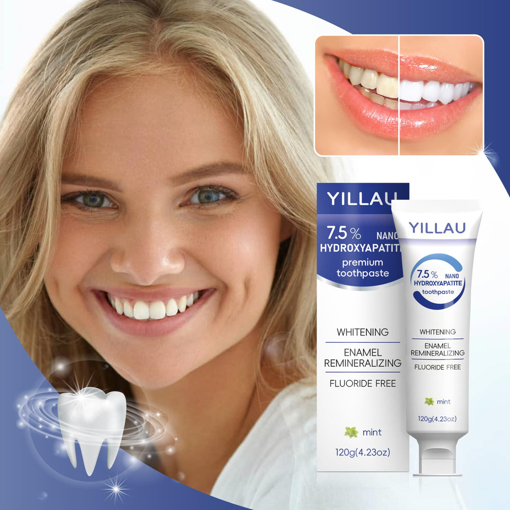 Toothpaste tube standing upright with 7.5% hydroxyapatite