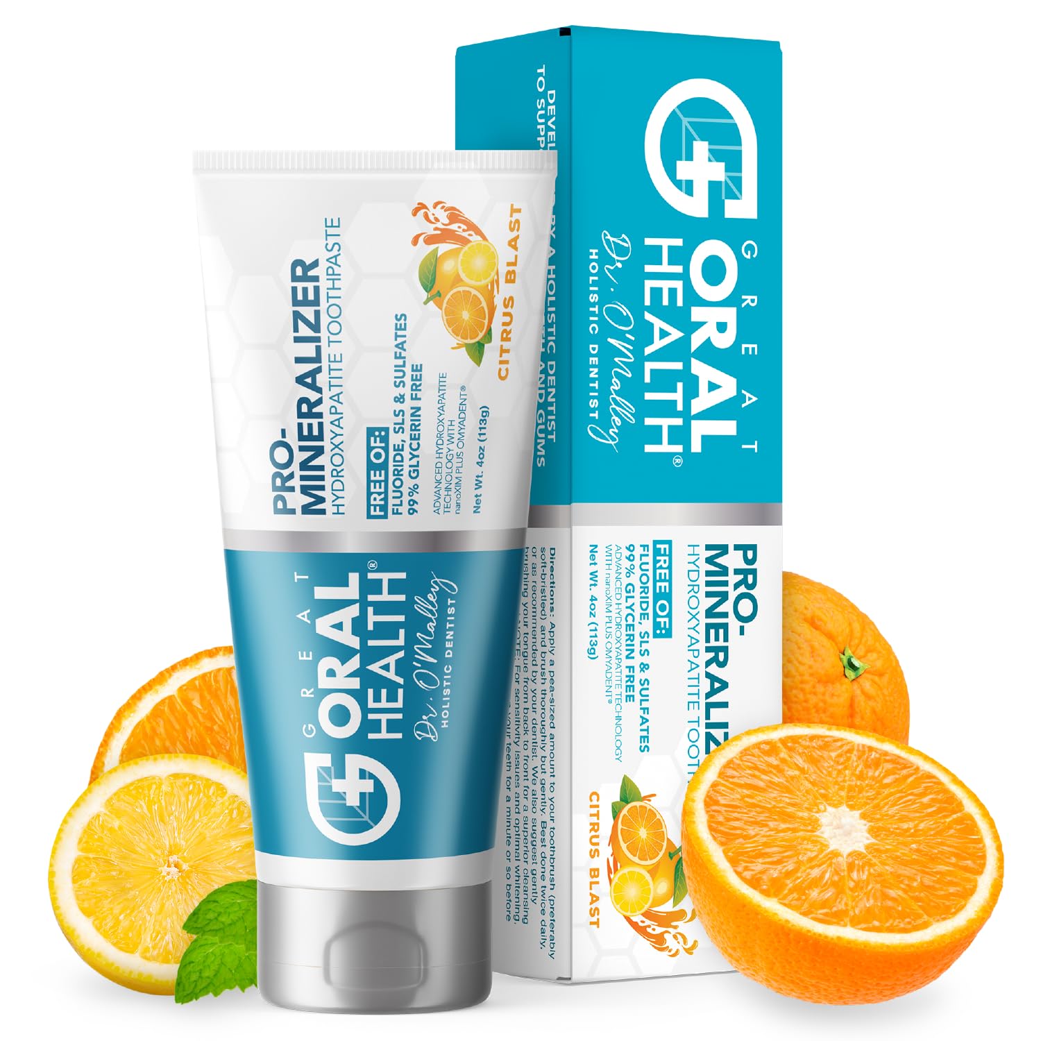 Front view of Nano hydroxyapatite Fluoride Free toothpaste in Citrus Blast flavor