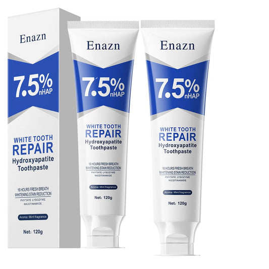 Tube of 7.5% nano hydroxyapatite toothpaste showing enamel protection