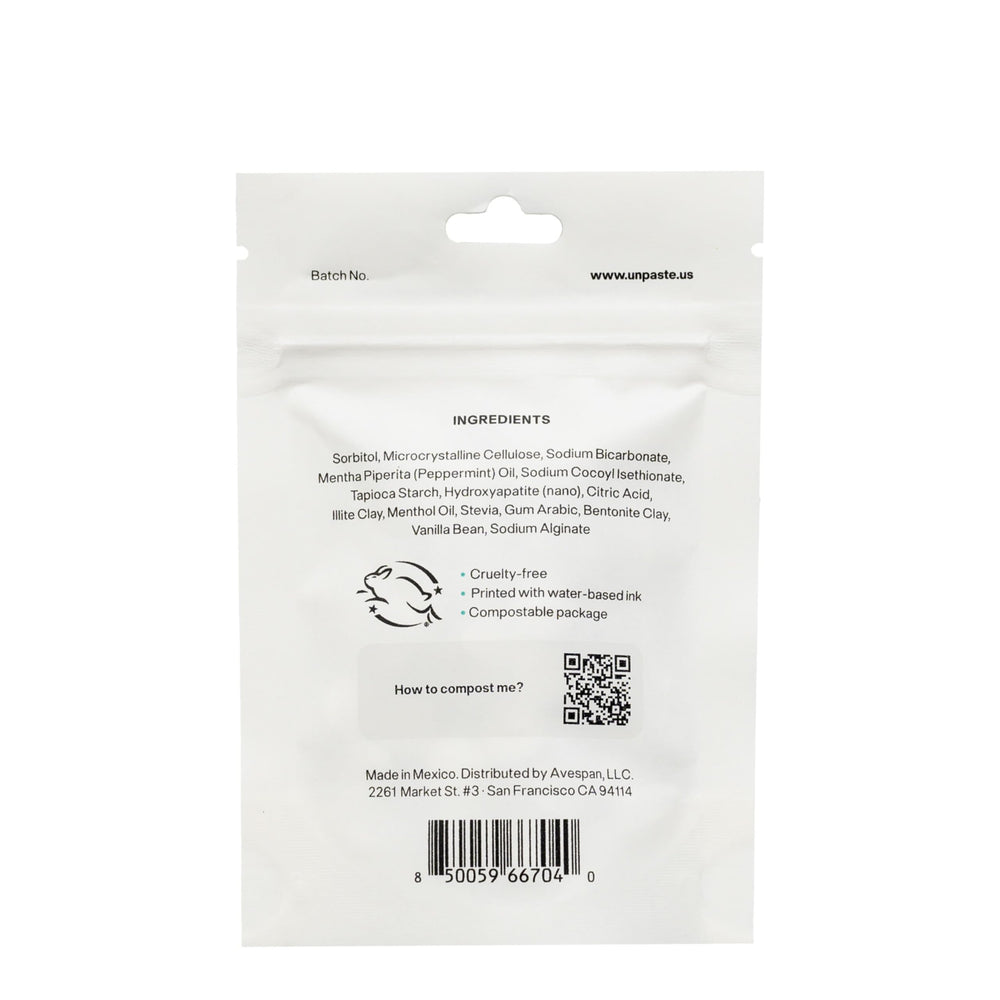 Toothpaste tablets packaging with flat-bottom design for upright display.