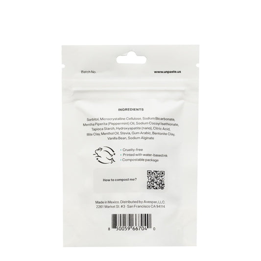 Toothpaste tablets packaging with flat-bottom design for upright display.