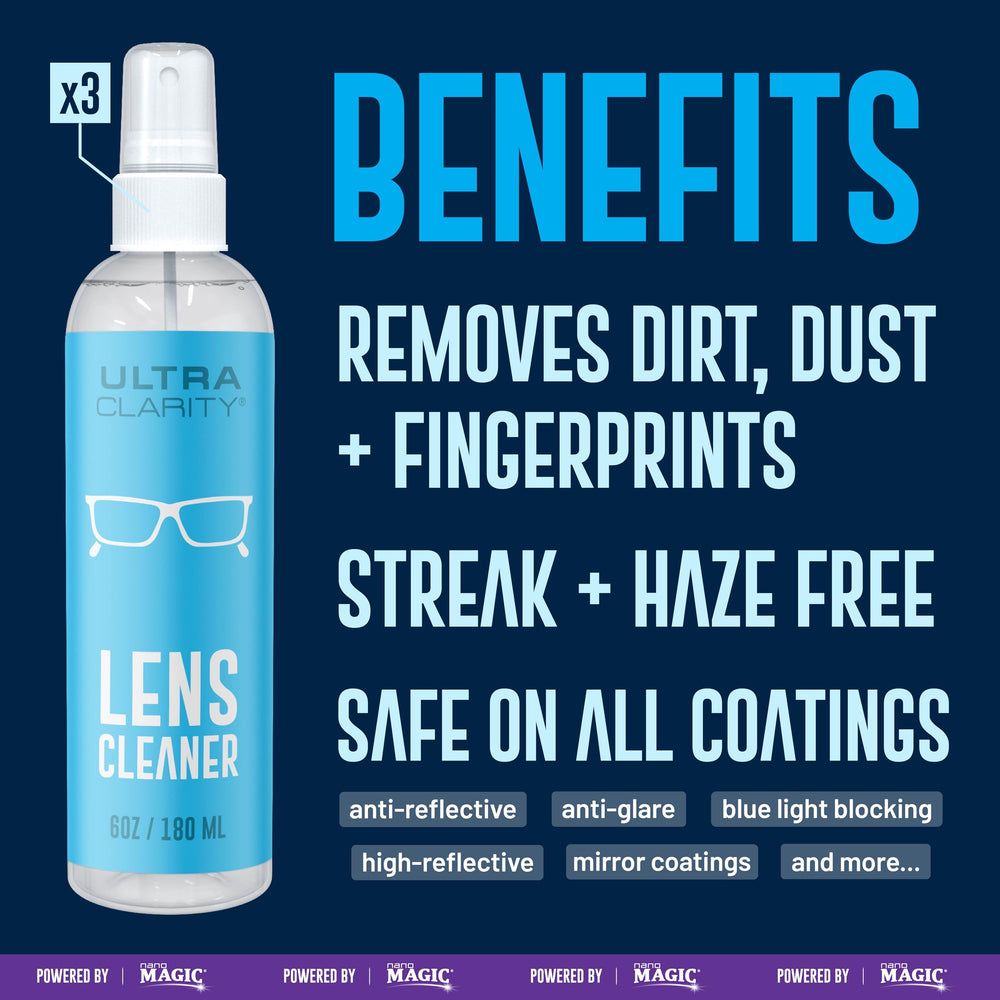 Eyeglass lens being cleaned with Nano Magic spray