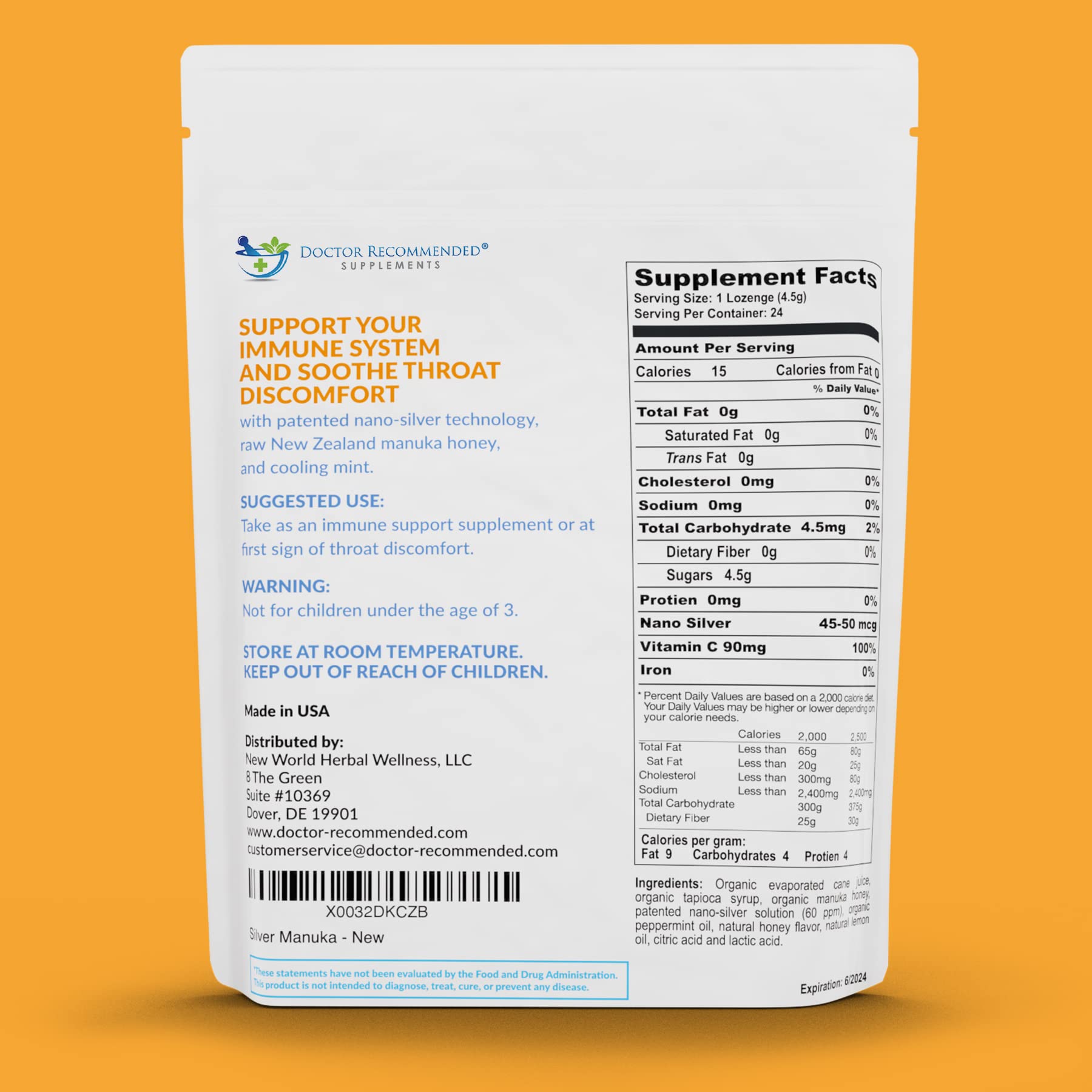 Close-up of Nano Silver lozenge ingredients highlighting 60 PPM colloidal silver